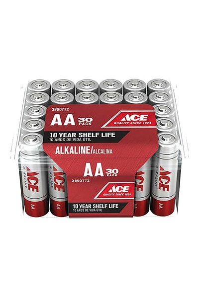 ACE بطاريات أقلام رصاص متينة فائقة القلوية مقاس AA، 30 قطعة، باللونين الفضي والأحمر