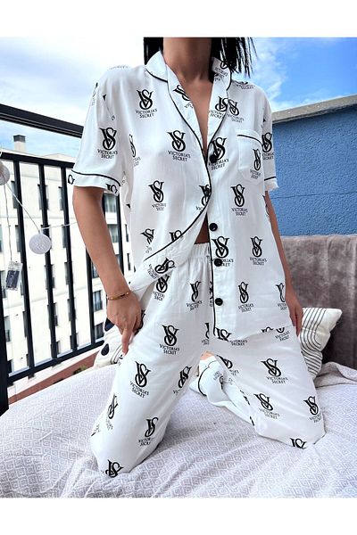 FENZO Women's Short Sleeve Pajama Suit with Elastic Waist Cotton Button Pattern