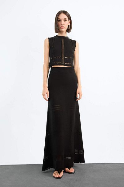 DeFacto 2-Piece Crochet Knitwear Set Crew Neck Sleeveless Blouse Stretchy Waisted Maxi Skirt F7466Ax25Hs