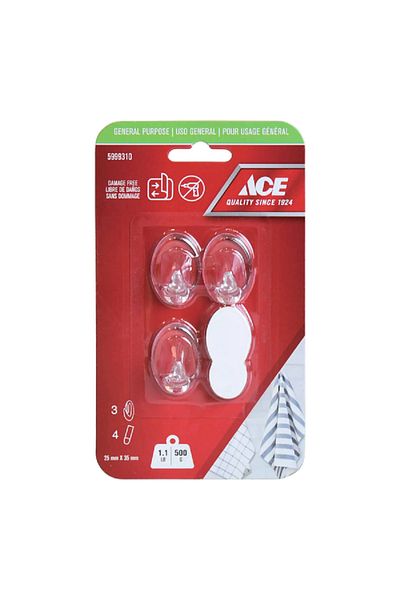 ACE 3-Piece Damage Free General Purpose Adhesive Hook with Strips Clear 3.5 x 2.5cm