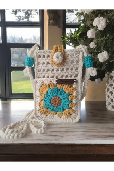 nazegram Örgü Telefon Çantası ,askılı, Doğal ,şık Tasarım