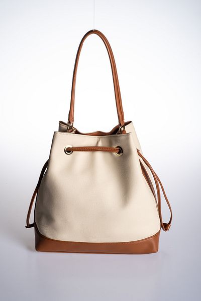 Oblavion Tan Vegan Leather Detailed Side Drawstring Cream Canvas Adjustable Hand and Shoulder Bag