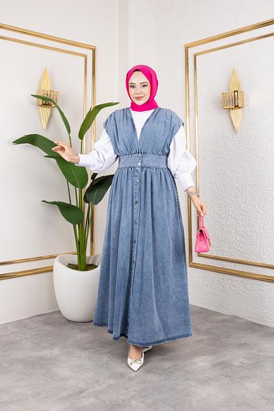 HARMAN BUTİK Women's V-Neck Buttoned Blue Denim Gilet