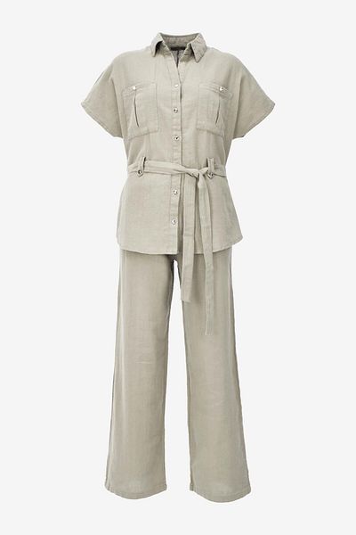 birizmoda Linen Belted Shirt Trousers Set - Beige