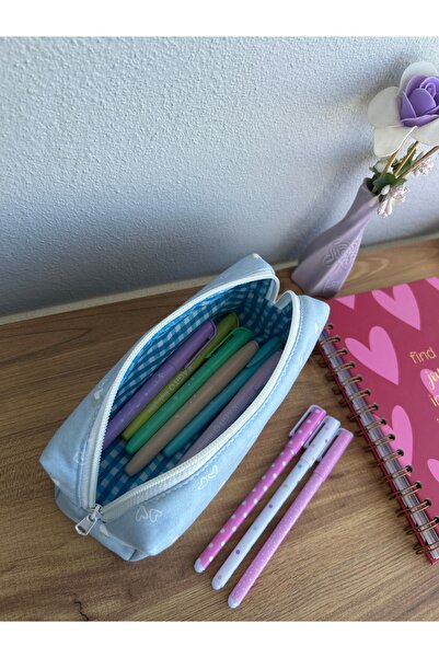 minyaturhayalim Mavi kalpli fermuarı beyaz kalem kutusu kalemlik makyaj çantası astarlıdır yıkanabilir 21-6-6cm