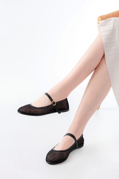zenalook 6325 Black Mesh Helmet Buckle Detailed Daily Women's Ballerinas