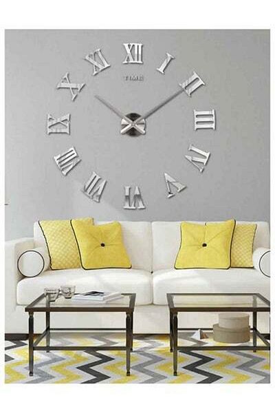 HALAMODO 3D Acrylic Roman Letters DIY Removable Sticker Giant Wall Clock Silver 1.1x1.1meter