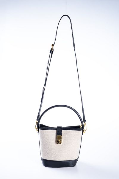 Oblavion Black Vegan Leather Detailed Bucket Zippered Cream Canvas Adjustable Hand and Shoulder Bag