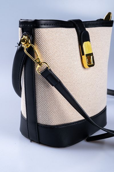 Oblavion Black Vegan Leather Detailed Bucket Zippered Cream Canvas Adjustable Hand and Shoulder Bag