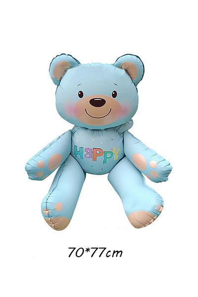 Patladı Gitti Blue Color Happy Written Sitting Bear Foil Balloon 77X70 cm