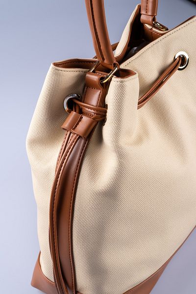 Oblavion Tan Vegan Leather Detailed Side Drawstring Cream Canvas Adjustable Hand and Shoulder Bag