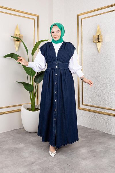 HARMAN BUTİK Γυναικείο τζιν με λαιμόκοψη V με κουμπιά Navy Blue