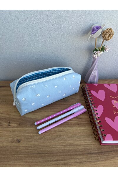 minyaturhayalim Mavi kalpli fermuarı beyaz kalem kutusu kalemlik makyaj çantası astarlıdır yıkanabilir 21-6-6cm