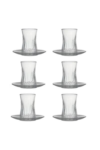 Paşabahçe Set of 6 Tea Cups with Saucers, Pasabahce, Elysia Model, Extra Quality, 170 ml