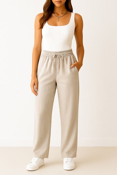 Firststops Women's Stone Linen Trousers – High Waist, Lace-Up, Comfortable Loose Fit, Casual Stylish Choice