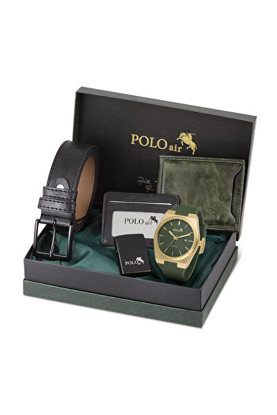 Polo Air Takvimli Erkek Kol Saati Cüzdan Kemer Kartlık Çakmak Kombin Gold Yeş...