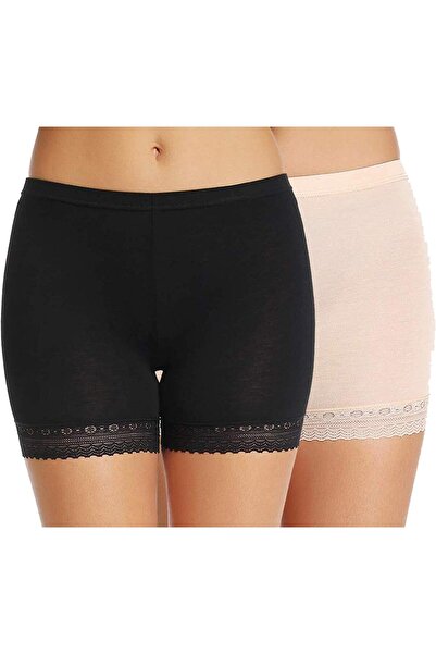 Glamroot Women's/Girl's Cotton Lycra Shorts with Lace Trim, Free Size, Pack of 2 - Black-Beige