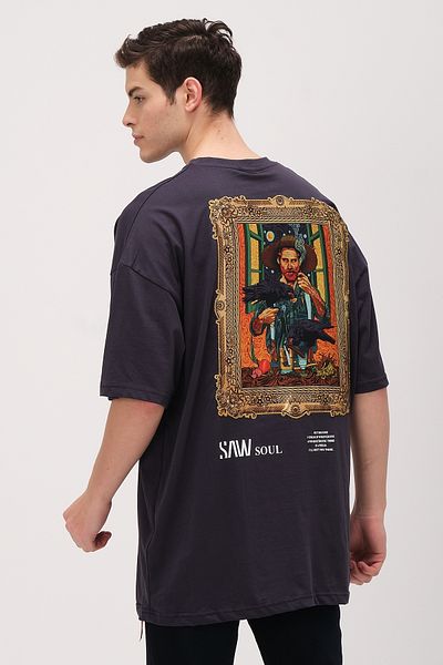 Chirkef Unisex Oversize 100% Cotton Applique Patch Back Printed Crew Neck Streetwear T-Shirt Van Gogh Smoke