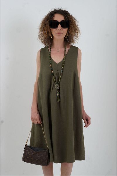 Zelish My Sister Khaki Pleated Front V-Neck Linen Dress