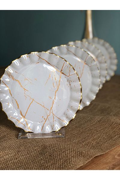 B&M White Marble Patterned Curved Dessert Plate 6 Pieces