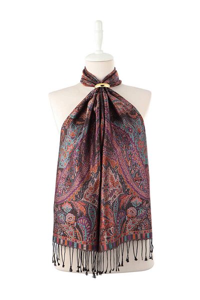 Bursa İpek Black Purple Jamawar Woven Silk Scarf