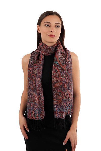 Bursa İpek Black Purple Jamawar Woven Silk Scarf