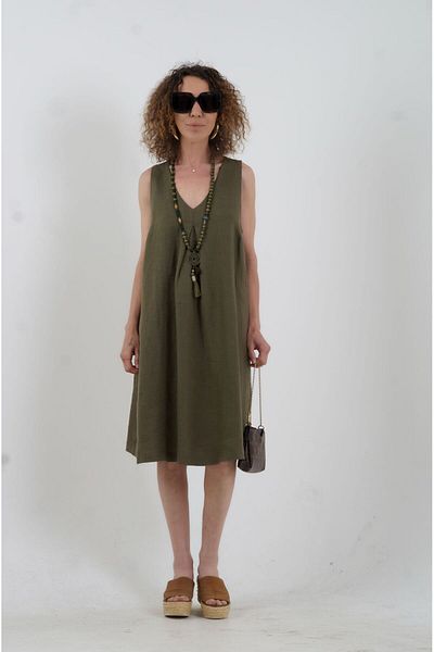 Zelish My Sister Khaki Pleated Front V-Neck Linen Dress