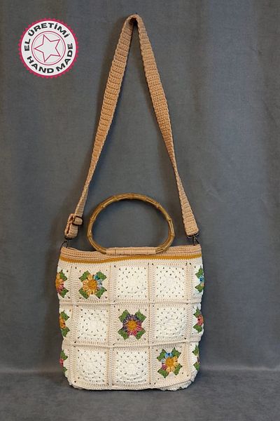 Uretti - Hacer 8870 8128 Handmade Cotton Thread Flower Motif Shoulder Bag - Beige