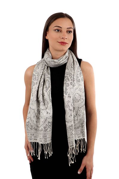 Bursa İpek Gray Black Jamawar Woven Silk Scarf