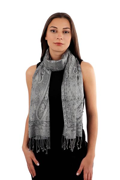 Bursa İpek Gray Indigo Jamawar Woven Silk Scarf