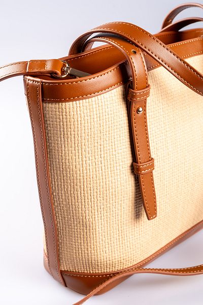 Oblavion Adjustable Hand and Shoulder Bag with Straw Look and Taba Piping Detail