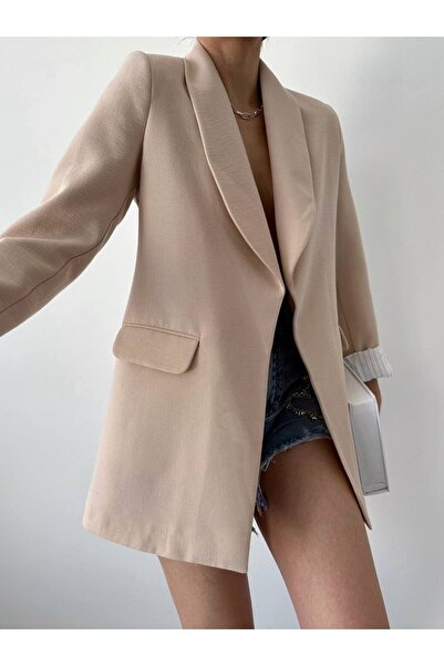 MODA Striped Lined Beige Raw Linen Blazer Jacket