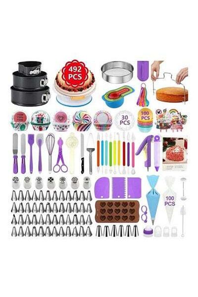 HALAMODO 492-Piece Baking Set Cake Decorating Kit Black Pink Silver 28 x 28 x 18cm