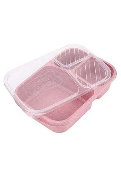 HALAMODO 3 Grids Wheat Straw Lunch Box With Lid Pink/Clear
