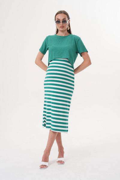 Miss Dünya Lissa Short Sleeve Striped Ribbed Camisole Maternity and Maternity T-Shirt Dress Set