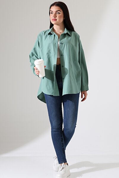 GÖMLEKÇİNİZ قميص نسائي كبير الحجم من قماش البوبلين بجيوب مزدوجة