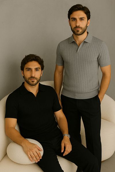 LC Waikiki Pack of 2 100% Cotton Premium Quality Men's Collared Knitwear Textured T-Shirt / T-Shirt
