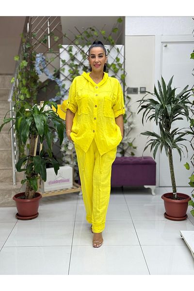 Punta Otantik Pt2256 Italian Hooded Linen Suit with Front Pocket Yellow