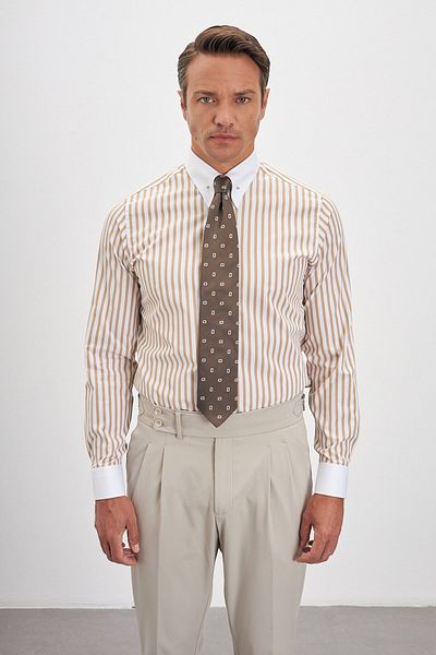 Paşahan Comfort Fit Striped 100% Cotton Men's Shirt with Lapel Pin