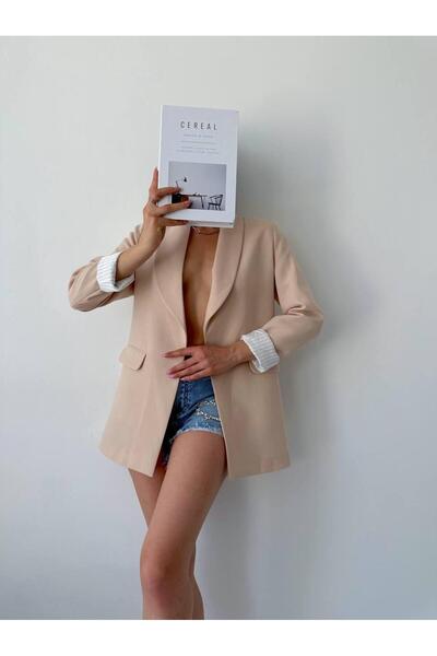 MODA Striped Lined Beige Raw Linen Blazer Jacket