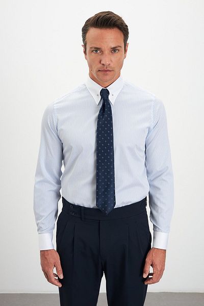 Paşahan Comfort Fit Striped 100% Cotton Men's Shirt with Lapel Pin