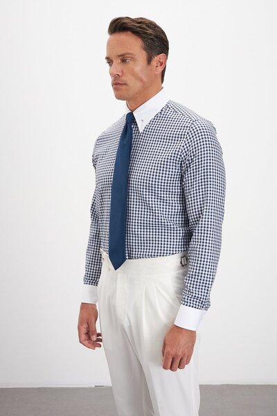 Paşahan Comfort Fit Herringbone Patterned 100% Cotton Men's Shirt with Lapel Pin