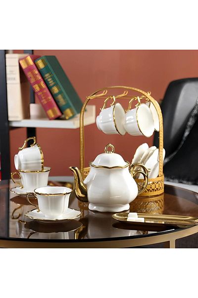COOYA Ceramic coffee cup set,exquisite design,luxurious gold rim,with cup and saucer and metal stand,white