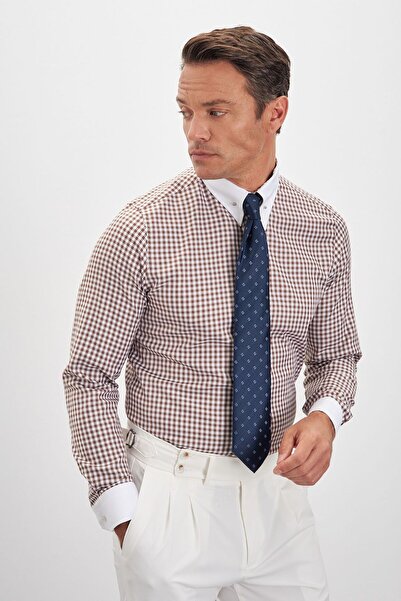 Paşahan Comfort Fit Herringbone Patterned 100% Cotton Men's Shirt with Lapel Pin