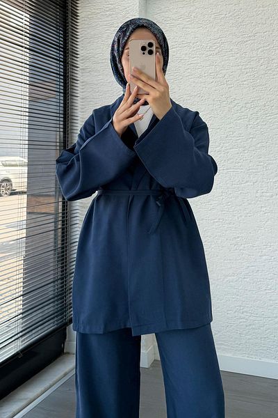MELEK ARAZ Efil Tie Kimono Suit – Navy Blue