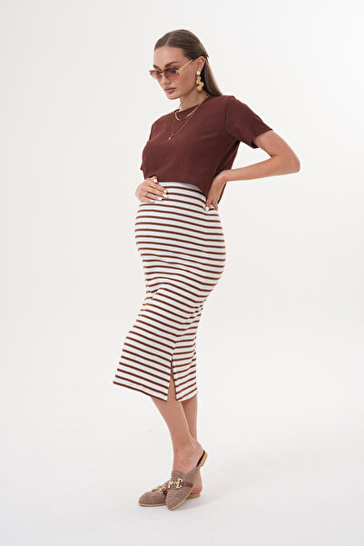 Miss Dünya Lissa Kısa Kol Çizgilli Fitilli Kaşkorse Hamile ve Lohusa Tişört Elbise Takımı