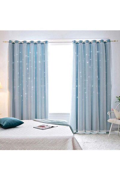Generic 2-Panel Hollowed Out Star Shading Drape Purdah Window Curtain Set Blue 2.5 x 1meter
