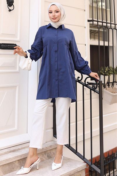 hafsamina Gathered Detailed Balloon Sleeve Shirt Navy Blue Hm2763