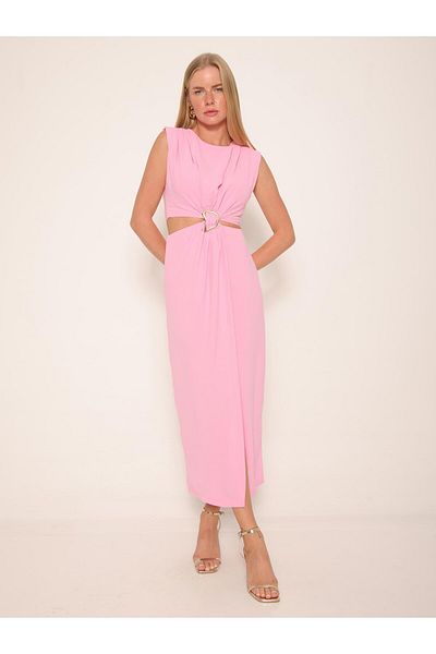 Coral Window Sleeveless Dress with Accessories on the Waist Pink