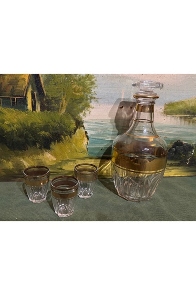 tayfuntufan antika koleksiyon Fransız likör şişesi ve üç adet kadehi şişe 17,...